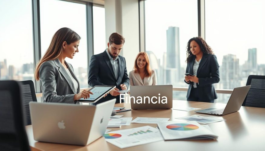 A professional office setting featuring a diverse group of four individuals engaged in a financial diagnostic discussion. In the foreground, a smartly dressed woman points at a financial chart on a tablet, showing upward trends; a young man beside her takes notes. The middle ground includes a large table with laptops, financial reports, and a pie chart. In the background, a modern cityscape can be seen through floor-to-ceiling windows, symbolizing financial growth and independence. Soft, natural lighting streams in, creating a bright, optimistic atmosphere. The brand name "Financia Tudo" is subtly embedded in the financial materials on the table. The scene conveys professionalism and collaboration, emphasizing the importance of financial planning.