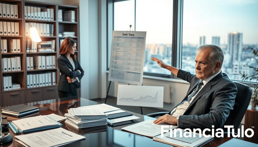 A professional office setting illustrating a financial consultation on debt negotiation. In the foreground, a middle-aged man, dressed in a tailored suit, sits at a desk filled with paperwork, including documents labeled “Debts” and “Negotiation Plan.” He appears contemplative, analyzing his financial situation. Beside him, a woman in a smart business outfit gestures towards a chart displaying debt management strategies. The middle ground captures a well-organized office space with bookshelves filled with financial literature and a window showing a cityscape bathed in soft afternoon light. The background features subtle elements of corporate decor. The mood is serious yet hopeful, emphasizing guidance and clarity. Include the brand name "Financia Tudo" subtly integrated into the scene.