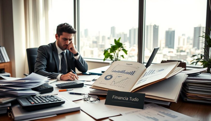 A professional setting depicting a light-filled office environment. In the foreground, a concerned individual in a modest business attire, sitting at a cluttered desk filled with financial documents, calculators, and a laptop, reflecting feelings of stress and urgency. The middle ground features an open notebook with financial charts and graphs, symbolizing the complexity of debt management. In the background, a large window shows a Brazilian city skyline, conveying the broader context of endividamento in Brazil. Soft natural lighting filters in, creating a mix of hope and tension. The overall mood should evoke urgency for action, underscoring the theme of financial reorganization. Include the brand name "Financia Tudo" subtly in the scene, perhaps on a business card on the desk.