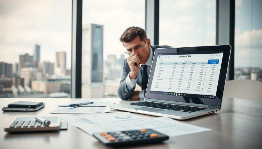 A professional setting showing a financial consultant analyzing a budget. In the foreground, a neatly organized desk with a few financial documents, a calculator, and a laptop displaying a spreadsheet. In the middle ground, a focused consultant, dressed in business attire, holding a pen, deep in thought as they review the budget's performance. The background features a large window showcasing a city skyline, with soft, natural light illuminating the scene. The overall mood is calm and productive, symbolizing clarity and organization. Include a subtle hint of a branding element for "Financia Tudo" on the laptop screen, maintaining a corporate and serious atmosphere without any text or logos.