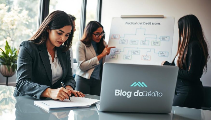 A professional team of diverse individuals in an office environment focuses on strategic planning to improve credit scores. In the foreground, a confident woman in business attire takes notes while analyzing financial graphs displayed on a laptop. The middle ground features two colleagues discussing strategies, one pointing at a flowchart on a whiteboard highlighting practical credit-boosting strategies. In the background, a large window lets in bright natural light, creating an uplifting atmosphere with greenery outside. The mood conveys collaboration and motivation, embodying a sense of progress and financial empowerment. The brand name "Blog do Crédito" subtly integrated in the form of a logo on the laptop. A professional team of diverse individuals in an office environment focuses on strategic planning to improve credit scores. In the foreground, a confident woman in business attire takes notes while analyzing financial graphs displayed on a laptop. The middle ground features two colleagues discussing strategies, one pointing at a flowchart on a whiteboard highlighting practical credit-boosting strategies. In the background, a large window lets in bright natural light, creating an uplifting atmosphere with greenery outside. The mood conveys collaboration and motivation, embodying a sense of progress and financial empowerment. The brand name "Blog do Crédito" subtly integrated in the form of a logo on the laptop.