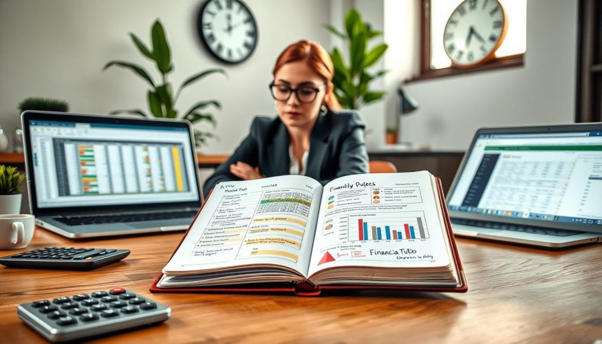 A professional workspace featuring a detailed monthly budget plan on a wooden desk. In the foreground, there is an open notebook filled with handwritten notes and colorful graphs, alongside a laptop displaying a spreadsheet application. A calculator and a cup of coffee sit beside the notebook. In the middle, a determined individual in business attire, a woman with glasses, is focused on analyzing her budget, with a thoughtful expression. In the background, a wall clock and potted plant add warmth to the scene, bathed in soft, natural light filtering in through a nearby window. The overall atmosphere is productive and organized, conveying the significance of an effective monthly budget. Include a subtle branding element of "Financia Tudo" incorporated into the design of the notebook.