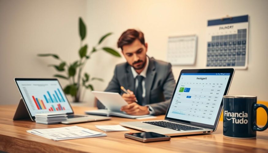 A realistic setting showcasing a practical monthly budget setup. In the foreground, a modern wooden desk with a laptop open, displaying a colorful spreadsheet with financial figures. Next to the laptop, a neatly organized stack of invoices and receipts, alongside a smartphone showing a budgeting app. In the middle ground, a person in professional business attire, attentively reviewing the documents, with a focused expression, holding a pen ready to jot down notes. The background features a softly lit room with a potted plant and a wall calendar marking the current month. The light is warm, creating an inviting atmosphere, ideal for financial planning. Include subtle branding elements like a coffee mug or notebook featuring the brand name "Financia Tudo."