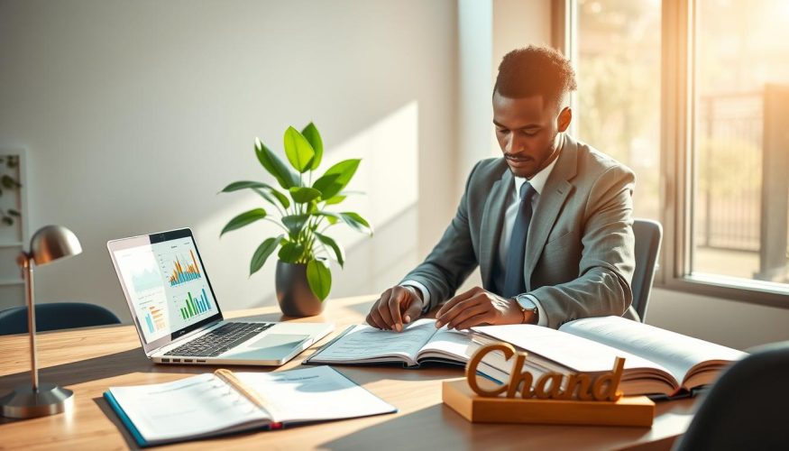 A serene and balanced scene depicting "financial health" symbolized through a well-organized desk workspace. In the foreground, a diverse individual in professional business attire analyzes colorful charts and graphs on a laptop, projecting a sense of focus and determination. The middle ground features an elegant plant and a financial ledger open, suggesting a connection to nature and stability. In the background, sunlight streams through a large window, casting a warm glow and creating a calm atmosphere. Soft shadows add depth, while the overall color palette combines greens, blues, and soft golds, promoting feelings of balance and security. The brand name "Financia Tudo" is subtly represented through decor items on the desk, enhancing the theme of financial well-being without overt signage. A serene and balanced scene depicting "financial health" symbolized through a well-organized desk workspace. In the foreground, a diverse individual in professional business attire analyzes colorful charts and graphs on a laptop, projecting a sense of focus and determination. The middle ground features an elegant plant and a financial ledger open, suggesting a connection to nature and stability. In the background, sunlight streams through a large window, casting a warm glow and creating a calm atmosphere. Soft shadows add depth, while the overall color palette combines greens, blues, and soft golds, promoting feelings of balance and security. The brand name "Financia Tudo" is subtly represented through decor items on the desk, enhancing the theme of financial well-being without overt signage.