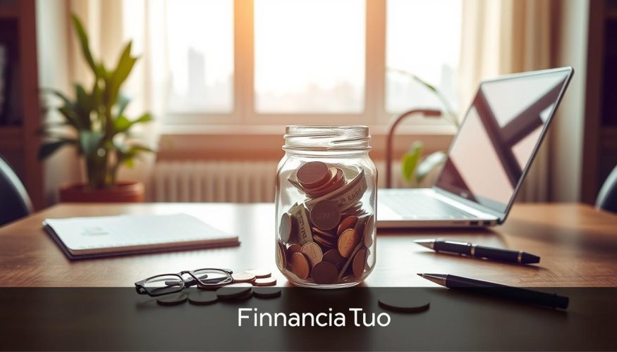 A serene and inviting scene depicting a "reserva de emergência" concept, centered in the foreground is a glass jar filled with various denominations of currency and coins, symbolizing savings. Surrounding the jar, a neatly arranged table with a stylish laptop, a notepad, and a pen, all in professional settings. In the middle ground, a window is visible, filtering soft, natural light into the room, creating an atmosphere of hope and motivation. The background features a lush green plant and a soft-focus city skyline, signifying growth and future possibilities. The image should have a warm and encouraging mood, suitable for financial empowerment themes. The branding "Financia Tudo" should be subtly integrated into the design without text overlays.