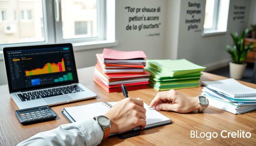 A serene and organized workspace featuring a wooden desk with neatly arranged financial documents, a laptop displaying a colorful financial dashboard, and a calculator. In the foreground, a pair of hands in professional attire, such as a crisp shirt and smart watch, are focused on taking notes in a planner. The middle ground showcases stacks of colorful folders labeled with different finance categories like "Savings," "Expenses," and "Investments." In the background, a large window allows soft, natural light to stream in, casting gentle shadows that create a calm atmosphere. The walls are adorned with motivational quotes about financial success. This scene embodies practical strategies for financial organization, conveying a mood of clarity and focus. Blog do Crédito branding subtly integrated into the design elements.