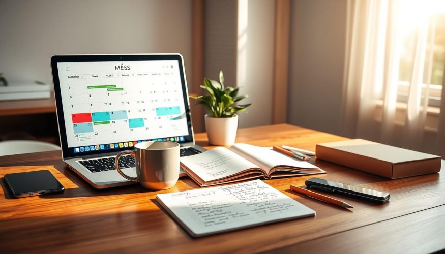 A serene and organized workspace representing the concept of "mês" as part of annual financial planning, emphasizing the cyclical nature of budgeting. In the foreground, a wooden desk with a sleek laptop open to a colorful monthly calendar and financial graphs. A stylish coffee mug sits alongside neatly arranged stationery. In the middle, a potted plant adds a touch of greenery, and a planner filled with handwritten notes lies open. The background features a soft-focus window with daylight streaming in, creating a warm and inviting atmosphere. The lighting is bright but soft, casting gentle shadows. The image should reflect a sense of calm professionalism, with a hint of creativity, suitable for the branding of "Financia Tudo". A serene and organized workspace representing the concept of "mês" as part of annual financial planning, emphasizing the cyclical nature of budgeting. In the foreground, a wooden desk with a sleek laptop open to a colorful monthly calendar and financial graphs. A stylish coffee mug sits alongside neatly arranged stationery. In the middle, a potted plant adds a touch of greenery, and a planner filled with handwritten notes lies open. The background features a soft-focus window with daylight streaming in, creating a warm and inviting atmosphere. The lighting is bright but soft, casting gentle shadows. The image should reflect a sense of calm professionalism, with a hint of creativity, suitable for the branding of "Financia Tudo".