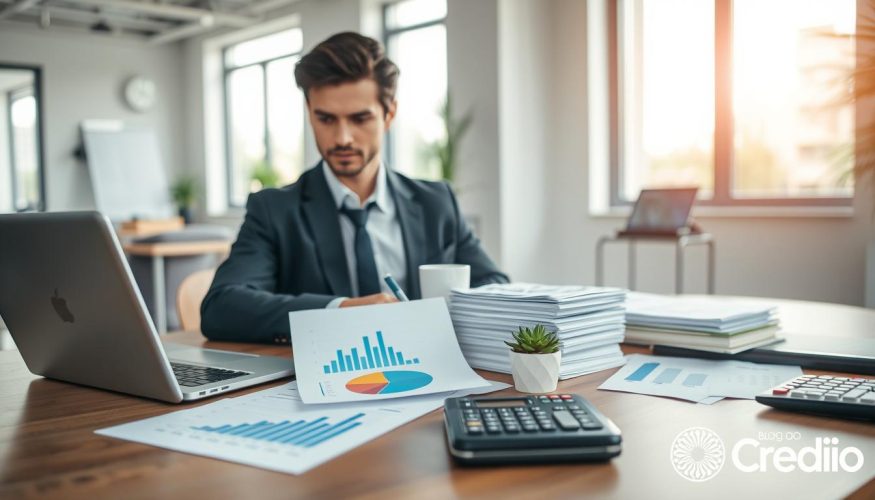 A serene and professional financial assessment setting, featuring a well-organized desk with a laptop, financial documents, and a calculator. In the foreground, a business professional, dressed in smart attire, examines a pie chart and graphs depicting various financial metrics. The person appears focused, with a thoughtful expression. In the middle, there are neatly arranged stacks of paperwork symbolizing revenues and expenses, with a small potted plant adding a touch of greenery. The background showcases a modern office with soft natural light filtering through large windows, creating a calm and inviting atmosphere. The mood is analytical and optimistic, emphasizing hope for a better financial future. The image subtly reflects the brand "Blog do Crédito". A serene and professional financial assessment setting, featuring a well-organized desk with a laptop, financial documents, and a calculator. In the foreground, a business professional, dressed in smart attire, examines a pie chart and graphs depicting various financial metrics. The person appears focused, with a thoughtful expression. In the middle, there are neatly arranged stacks of paperwork symbolizing revenues and expenses, with a small potted plant adding a touch of greenery. The background showcases a modern office with soft natural light filtering through large windows, creating a calm and inviting atmosphere. The mood is analytical and optimistic, emphasizing hope for a better financial future. The image subtly reflects the brand "Blog do Crédito".