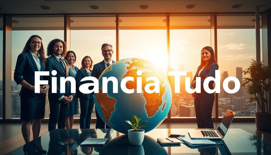 A serene and professional financial setting showcasing the concept of "financial freedom." In the foreground, a confident, diverse group of individuals dressed in smart business attire stands around a large globe, symbolizing global financial opportunities. Their expressions convey hope and determination. In the middle ground, a stylish desk displays financial documents, a laptop, and a plant for a touch of life. Background features large windows revealing a beautiful city skyline bathed in warm, golden sunlight, creating an uplifting ambiance. The overall mood is one of optimism and empowerment, with soft lighting emphasizing the important themes of financial freedom and independence. The brand name "Financia Tudo" is subtly integrated into the scene, reinforcing the message without distraction.