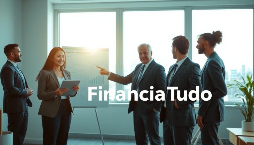 A serene and professional office environment featuring a diverse group of individuals engaged in a productive financial meeting. In the foreground, a businesswoman in formal attire stands confidently, holding a tablet displaying financial graphs and charts, symbolizing "financial health." Next to her, a well-dressed man points towards a large whiteboard filled with budgeting strategies and investment plans, emphasizing the importance of financial education. In the middle background, a window reveals a bright city skyline, bathed in soft natural light, creating an optimistic atmosphere. The overall color scheme is calm and professional, with blues and greens dominating, evoking a sense of financial stability and reassurance. The logo "Financia Tudo" is subtly integrated into the scene without any text or overlays. A serene and professional office environment featuring a diverse group of individuals engaged in a productive financial meeting. In the foreground, a businesswoman in formal attire stands confidently, holding a tablet displaying financial graphs and charts, symbolizing "financial health." Next to her, a well-dressed man points towards a large whiteboard filled with budgeting strategies and investment plans, emphasizing the importance of financial education. In the middle background, a window reveals a bright city skyline, bathed in soft natural light, creating an optimistic atmosphere. The overall color scheme is calm and professional, with blues and greens dominating, evoking a sense of financial stability and reassurance. The logo "Financia Tudo" is subtly integrated into the scene without any text or overlays.