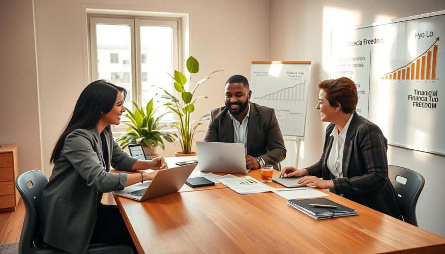 A serene indoor scene representing "financial freedom." In the foreground, a diverse group of three professionals in smart casual attire—an Asian woman, a Black man, and a Hispanic woman—are engaged in an animated discussion around a bright wooden table filled with financial documents and laptops. The middle ground features a large window that streams in warm, natural light, illuminating the participants and the documents. In the background, a lush indoor plant adds a touch of vibrancy, while a whiteboard showcases growth charts and inspirational financial quotes, emphasizing the theme of financial independence. The atmosphere is calm and uplifting, with a sense of collaboration and empowerment. The brand name "Financia Tudo" subtly integrated into the scene as part of the documents on the table.