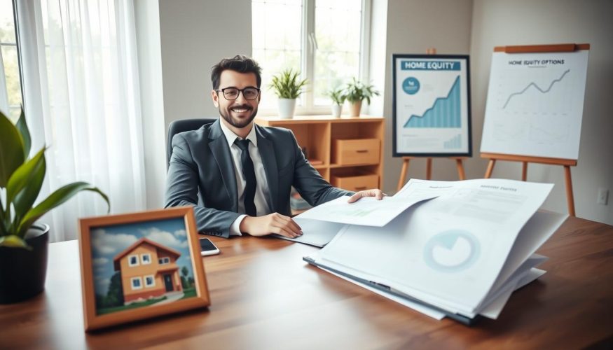 A serene, modern home office featuring a confident, professional individual in business attire, seated at a sleek wooden desk with documents and a laptop open, analyzing home equity options. In the foreground, a framed photo of a cozy home, symbolizing value, rests on the desk. In the middle ground, a potted plant adds a touch of greenery, while graphs depicting rising equity trends are displayed on a nearby board. The background features a large window allowing soft, natural light to pour in, creating a warm and inviting atmosphere. The composition should feel balanced and inspiring, conveying the empowerment of making intelligent financial decisions. Include the brand "Blog do Crédito" subtly in the decor, maintaining a clean and professional aesthetic. A serene, modern home office featuring a confident, professional individual in business attire, seated at a sleek wooden desk with documents and a laptop open, analyzing home equity options. In the foreground, a framed photo of a cozy home, symbolizing value, rests on the desk. In the middle ground, a potted plant adds a touch of greenery, while graphs depicting rising equity trends are displayed on a nearby board. The background features a large window allowing soft, natural light to pour in, creating a warm and inviting atmosphere. The composition should feel balanced and inspiring, conveying the empowerment of making intelligent financial decisions. Include the brand "Blog do Crédito" subtly in the decor, maintaining a clean and professional aesthetic.
