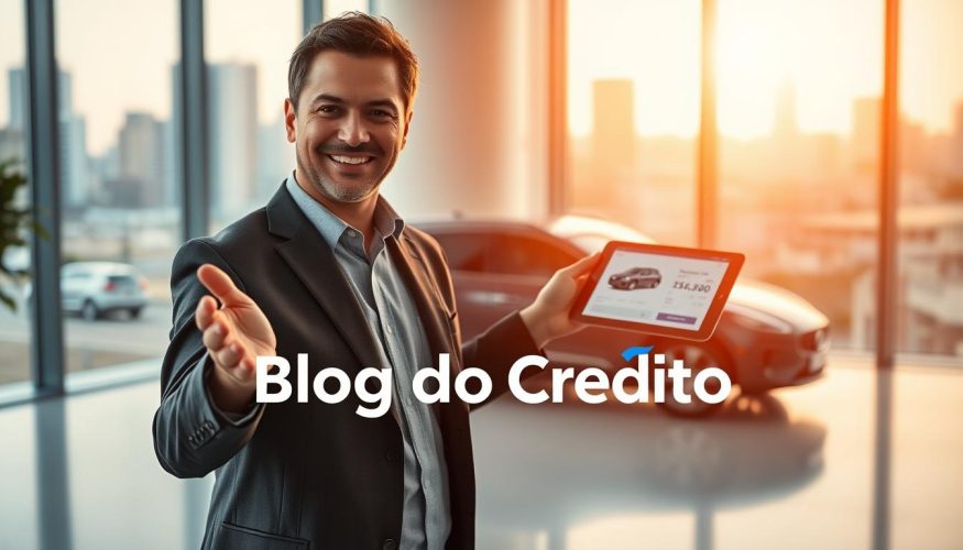 A serene, modern office setting with a professional financial advisor discussing vehicle refinancing. In the foreground, a well-dressed advisor gesturing towards a digital tablet displaying vehicle information. The middle ground features a sleek car, symbolizing the refinancing topic, against a soft-focus urban skyline in the background. Warm, natural lighting fills the room, highlighting the advisor's friendly demeanor and creating an inviting atmosphere. The image conveys a sense of trust and professionalism, ideal for explaining vehicle refinancing. Bright colors dominate but with a calm palette. The brand name "Blog do Crédito" is subtly integrated into the image's design without text overlays. A serene, modern office setting with a professional financial advisor discussing vehicle refinancing. In the foreground, a well-dressed advisor gesturing towards a digital tablet displaying vehicle information. The middle ground features a sleek car, symbolizing the refinancing topic, against a soft-focus urban skyline in the background. Warm, natural lighting fills the room, highlighting the advisor's friendly demeanor and creating an inviting atmosphere. The image conveys a sense of trust and professionalism, ideal for explaining vehicle refinancing. Bright colors dominate but with a calm palette. The brand name "Blog do Crédito" is subtly integrated into the image's design without text overlays.