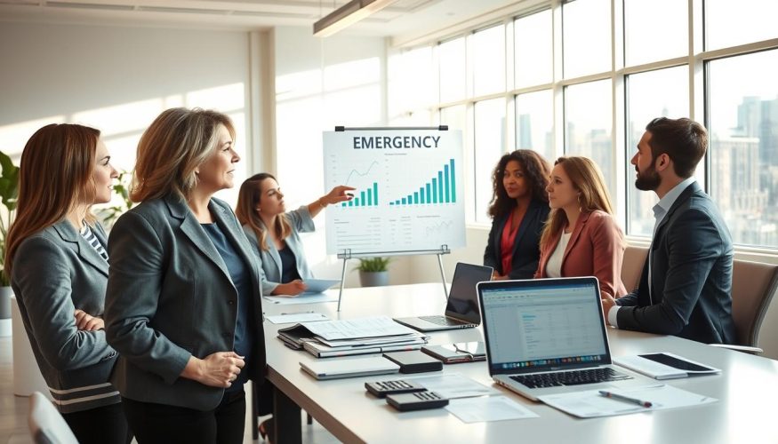 A serene office environment featuring a diverse group of professionals engaged in a discussion about emergency funds. In the foreground, a middle-aged woman in smart business attire is pointing at a visual aid displaying financial graphs and emergency fund strategies. The middle of the image showcases a modern conference table with financial documents, calculators, and a laptop displaying a spreadsheet. In the background, large windows allow natural light to flood the room, creating an uplifting atmosphere. Soft morning light casts gentle shadows, enhancing the professional vibe. The mood is collaborative and focused, emphasizing the importance of financial planning. Include the brand name "Financia Tudo" subtly integrated into the office decor without overpowering the scene.