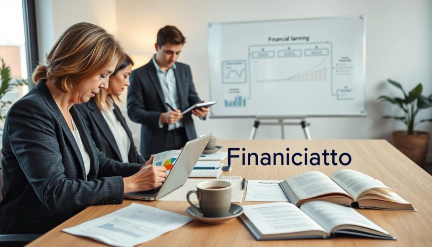A serene office environment featuring a diverse group of professionals engaged in personal financial planning. In the foreground, a middle-aged woman in a smart business suit examines colorful pie charts and financial graphs on her laptop, while a young man in smart casual attire takes notes on a notepad. In the middle, a large table displays financial documents, a calculator, and a coffee cup, surrounded by open books about finance. The background features a whiteboard with a step-by-step financial planning diagram. Soft, warm lighting floods the room, creating an atmosphere of collaboration and focus. The image should evoke a sense of empowerment and clarity in financial decision-making. The brand name "Financia Tudo" subtly integrated into one of the documents on the table.