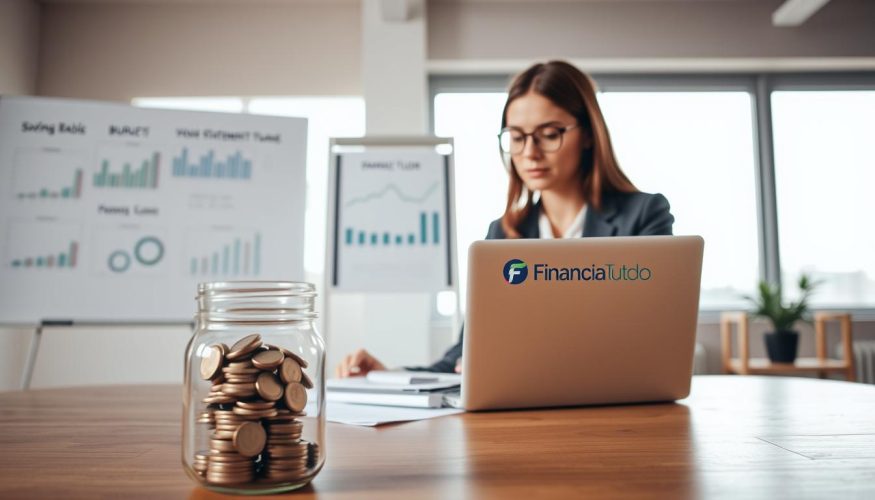 A serene office setting, featuring a professional woman in business attire, intently analyzing finances on a laptop. In the foreground, a clear jar filled with neatly stacked coins symbolizes a savings reserve. The middle ground shows a whiteboard filled with budgeting charts and statements. The background reveals a calming window view, with soft natural light streaming in, enhancing a sense of stability and organization. Use a warm color palette to evoke security and trust. The overall mood should reflect confidence and careful planning, embodying the essence of financial preparedness. Include the logo "Financia Tudo" subtly on the laptop screen.