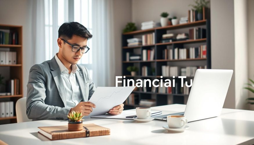 A serene office setting illuminated by soft daylight streaming through a large window. In the foreground, a young professional in smart casual attire, focused and contemplative, is analyzing graphs and charts on a laptop. The middle ground features a clear, minimalist desk adorned with a small succulent plant, a notebook, and a cup of coffee, symbolizing the idea of thoughtful investment. In the background, shelves lined with books on finance and personal growth create an inspiring atmosphere. The overall mood is optimistic and encouraging, emphasizing the potential of small investments over time. The branding "Financia Tudo" subtly integrated into the scene, without text overlays, embodies trust and ambition in financial growth.