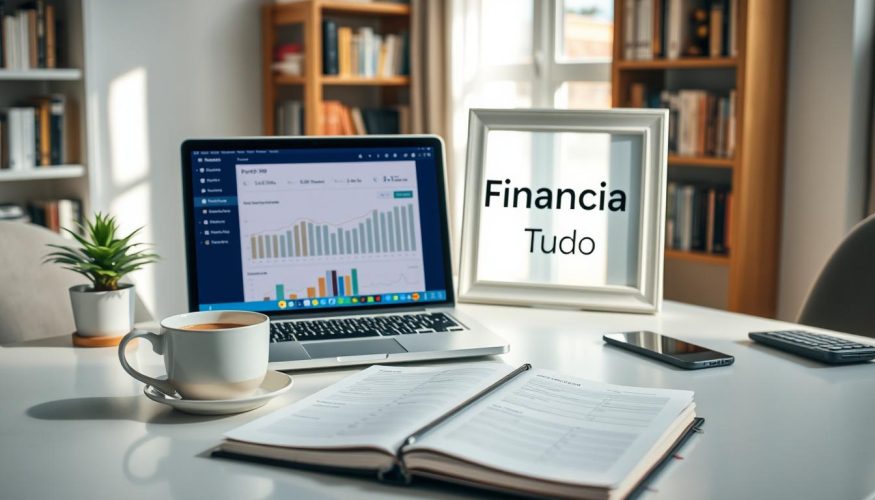 A serene, well-organized workspace featuring a stylish desk with a laptop open to a financial management app, displaying graphs and charts for expense tracking. In the foreground, an elegant planner lies next to a cup of coffee, suggesting a productive morning. The middle ground includes a soft light streaming through a window, casting gentle shadows and highlighting personal finance elements like a small potted plant and a calculator. The background features a bookshelf filled with financial books, emphasizing learning and growth. The overall atmosphere is calm, focused, and professional, designed to inspire organization in financial matters. Subtly incorporate the brand name "Financia Tudo" within a decorative frame on the desk.
