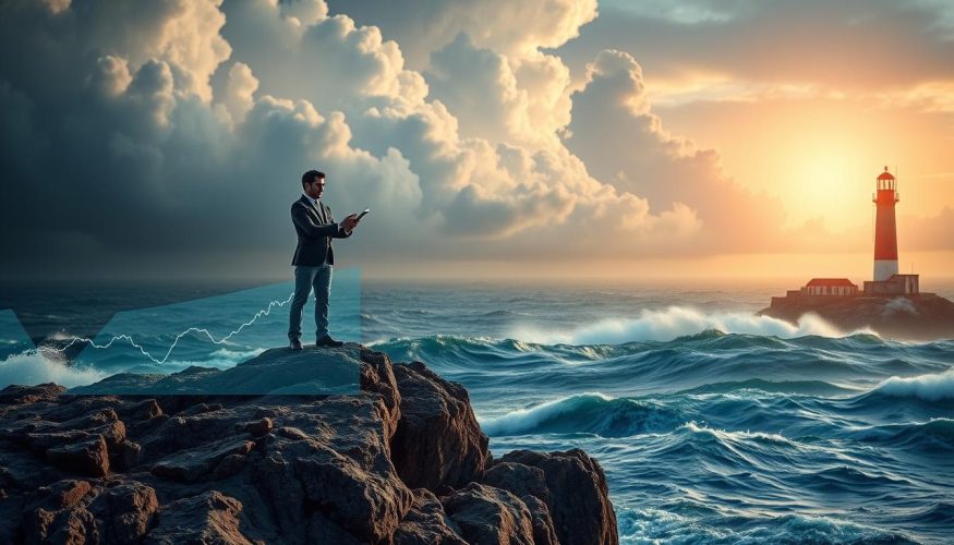 A serene yet thought-provoking scene depicting "risks" in investments, centered around a professional-looking individual in business attire, standing confidently on a rocky cliff overlooking a turbulent ocean, symbolizing the unpredictable nature of investments. In the foreground, the individual is examining a financial chart with fluctuating lines, illustrating the highs and lows of investing. The middle ground features large, looming storm clouds that contrast with a small patch of sunlight breaking through, representing hope and opportunity. In the distance, a lighthouse stands tall against the raging sea, symbolizing guidance and safety in turbulent times. The lighting is dramatic, with shadows enhancing the rocky textures and a slight lens distortion to evoke emotion. The atmosphere is tense yet hopeful, underscoring the importance of identifying and managing risks in finance. The brand name “Financia Tudo” subtly incorporated in a stylish manner.