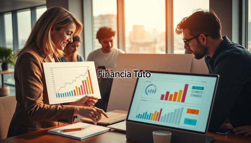 A sincere and engaging scene depicting a diverse group of individuals in a modern office setting, deeply engaged in financial planning discussions. In the foreground, a middle-aged woman in professional attire is pointing at a colorful financial chart on a laptop, illustrating growth while a young man taking notes enthusiastically looks on. The middle ground features a large whiteboard filled with graphs, budgets, and goals, showcasing the impact of effective financial planning. In the background, large windows reveal a cityscape, bathed in warm natural light, enhancing the atmosphere of focus and productivity. The branding "Financia Tudo" subtly integrated within the laptop screen. The mood is inspiring and collaborative, emphasizing the importance of financial planning in personal growth and security.