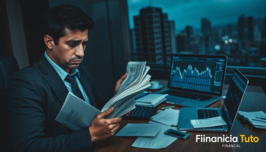 A somber yet thought-provoking scene depicting the concept of "endividamento" in Brazil. In the foreground, a worried individual in professional attire holds a stack of bills, their expression reflecting stress and concern. In the middle ground, a cluttered table is filled with unpaid invoices, a calculator, and a laptop displaying fluctuating financial graphs. The background features an urban setting with a glimpse of high-rise buildings, symbolizing financial pressure. The lighting is dim, casting deep shadows to evoke a sense of anxiety, with a cool color palette of blues and grays. The atmosphere suggests urgency and the weight of financial burdens, underscoring the critical importance of discussing financial habits. Include a subtle logo of "Financia Tudo" in the bottom corner.