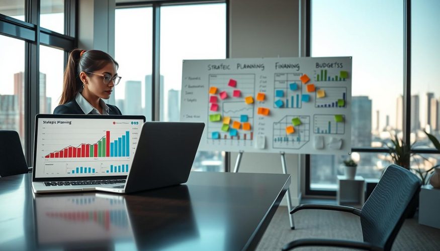 A sophisticated office setting with a sleek modern desk in the foreground, featuring a laptop displaying financial charts and graphs. A professional woman in smart business attire is focused on the screen, analyzing financial data, with charts showing upward trends. In the middle ground, a large whiteboard filled with strategic financial planning notes and colorful post-it notes illustrating ideas and budgets. In the background, large windows with natural light streaming in, showcasing a cityscape. The atmosphere is one of productivity and clarity, emphasizing organization and strategic thinking. The brand name "Financia Tudo" subtly integrated into the design of the office space, ensuring a corporate yet inviting feel. Use bright, warm lighting to create an inspiring mood.