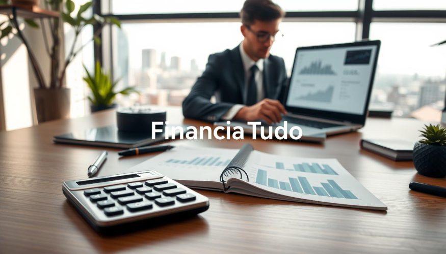 A sophisticated workspace featuring a neatly organized wooden desk. In the foreground, a calculator, a notebook with handwritten notes, and charts depicting cash inflows and outflows. The middle ground includes a laptop screen displaying financial graphs, with a focused professional in business attire analyzing data. In the background, a large window lets in soft natural light, revealing an urban skyline, contributing to a productive atmosphere. The lighting casts gentle shadows, enhancing the depth of the scene, while a potted plant adds a touch of greenery. The overall mood is focused and diligent, embodying the essence of financial management. The brand name "Financia Tudo" is subtly represented within the items on the desk.