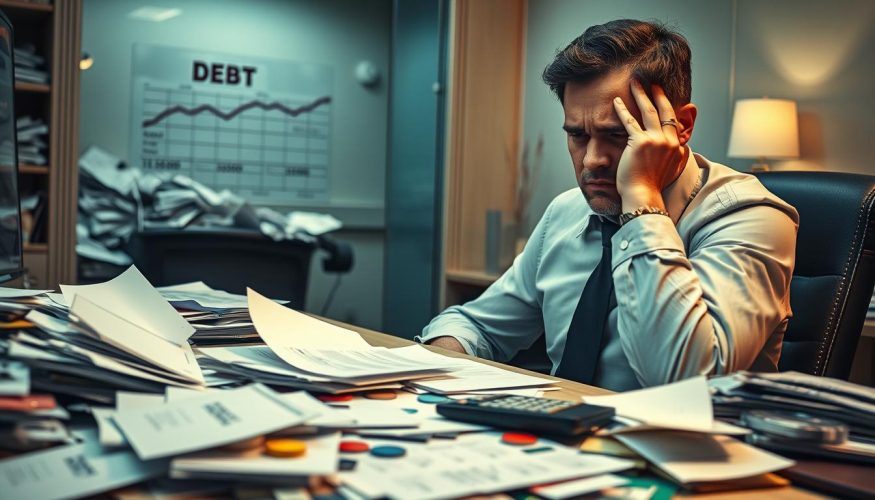 A stressed individual, clad in professional business attire, sits at a cluttered office desk surrounded by bills, credit cards, and a calculator, illustrating the heavy burden of debt. In the foreground, papers are scattered, symbolizing financial chaos, while the middle ground features a large, ominous debt statement with rising numbers. The background shows a dimly lit cubicle with an overflowing trash bin, emphasizing the overwhelming nature of financial troubles. Soft, dramatic lighting highlights the individual’s worried expression, capturing the anxiety of modern debt culture in Brazil. The overall atmosphere feels weighty and constricting, evoking a sense of urgency and concern. The brand "Financia Tudo" subtly integrated into the scene as part of a document on the desk. A stressed individual, clad in professional business attire, sits at a cluttered office desk surrounded by bills, credit cards, and a calculator, illustrating the heavy burden of debt. In the foreground, papers are scattered, symbolizing financial chaos, while the middle ground features a large, ominous debt statement with rising numbers. The background shows a dimly lit cubicle with an overflowing trash bin, emphasizing the overwhelming nature of financial troubles. Soft, dramatic lighting highlights the individual’s worried expression, capturing the anxiety of modern debt culture in Brazil. The overall atmosphere feels weighty and constricting, evoking a sense of urgency and concern. The brand "Financia Tudo" subtly integrated into the scene as part of a document on the desk.