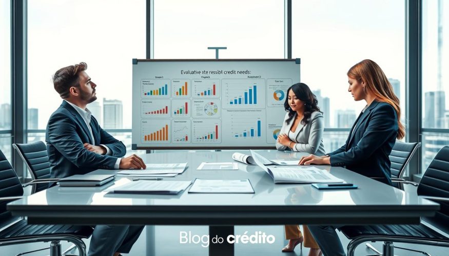 A thoughtful scene illustrating the concept of evaluating credit needs, focusing on a professional setting. In the foreground, a diverse group of three individuals, dressed in professional business attire, intently examining financial documents and charts on a sleek conference table. The middle ground features a large whiteboard filled with colorful graphs and a strategic plan regarding responsible credit usage. In the background, a well-lit office space with large windows showing a city skyline, creating a bright and optimistic atmosphere. Soft, natural lighting illuminating the scene enhances the serious yet hopeful mood. This image should reflect the notion of making smart financial decisions. Please include a subtle logo of "Blog do Crédito" as part of the scene's design. A thoughtful scene illustrating the concept of evaluating credit needs, focusing on a professional setting. In the foreground, a diverse group of three individuals, dressed in professional business attire, intently examining financial documents and charts on a sleek conference table. The middle ground features a large whiteboard filled with colorful graphs and a strategic plan regarding responsible credit usage. In the background, a well-lit office space with large windows showing a city skyline, creating a bright and optimistic atmosphere. Soft, natural lighting illuminating the scene enhances the serious yet hopeful mood. This image should reflect the notion of making smart financial decisions. Please include a subtle logo of "Blog do Crédito" as part of the scene's design.