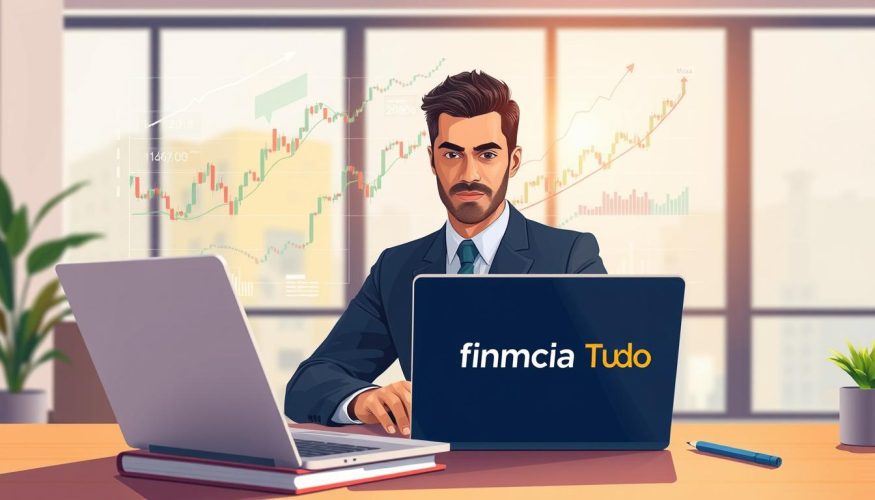 A vibrant and engaging illustration reflecting the concept of "renda variável" in the context of financial control for freelancers in Brazil. In the foreground, present a confident individual dressed in professional business attire, analyzing stock market charts on a laptop. Their expression conveys focus and determination. In the middle, display a visually dynamic array of stock market visuals, such as candlestick charts and fluctuating graphs, seamlessly transitioning between upward trends and downward dips, symbolizing the volatility of variable income. The background features a modern office setting with soft natural lighting filtering through large windows, casting a warm glow. The overall atmosphere should feel hopeful yet serious, illustrating the challenges and opportunities of financial management. Include the brand name "Financia Tudo" subtly integrated into the scene, perhaps on a notebook or a laptop screen. A vibrant and engaging illustration reflecting the concept of "renda variável" in the context of financial control for freelancers in Brazil. In the foreground, present a confident individual dressed in professional business attire, analyzing stock market charts on a laptop. Their expression conveys focus and determination. In the middle, display a visually dynamic array of stock market visuals, such as candlestick charts and fluctuating graphs, seamlessly transitioning between upward trends and downward dips, symbolizing the volatility of variable income. The background features a modern office setting with soft natural lighting filtering through large windows, casting a warm glow. The overall atmosphere should feel hopeful yet serious, illustrating the challenges and opportunities of financial management. Include the brand name "Financia Tudo" subtly integrated into the scene, perhaps on a notebook or a laptop screen.
