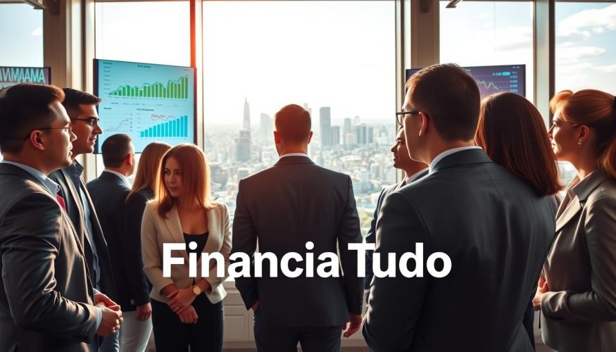 A vibrant panorama of Brazilian investors engaging in diverse investment activities. In the foreground, a diverse group of professionals dressed in smart business attire discuss investment strategies, with a mix of men and women, showcasing a spirit of collaboration. In the middle ground, a modern office environment featuring charts and graphs on large screens displaying various investment options like stocks, real estate, and bonds. The background reveals the skyline of a bustling Brazilian city under a bright, clear sky, symbolizing growth and opportunity. Natural lighting filters in through large windows, casting a warm glow. The overall atmosphere is one of optimism and determination, with the brand name "Financia Tudo" subtly integrated into the scene without text or overlays.