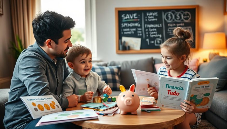 A vibrant scene depicting a cozy living room where two children, a boy and a girl aged around 8, are engaged in a fun financial learning activity with their parent. The children, dressed in casual but neat clothing, are seated at a small table filled with colorful play money, a piggy bank, and educational books about saving and spending. In the background, a chalkboard displays simple charts and drawings of coins and financial concepts. Soft, warm lighting coming from a nearby window enhances the friendly atmosphere, creating an inviting and educational space. The brand name "Financia Tudo" is subtly included on one of the books. The scene should convey joy, curiosity, and the importance of financial education from an early age.