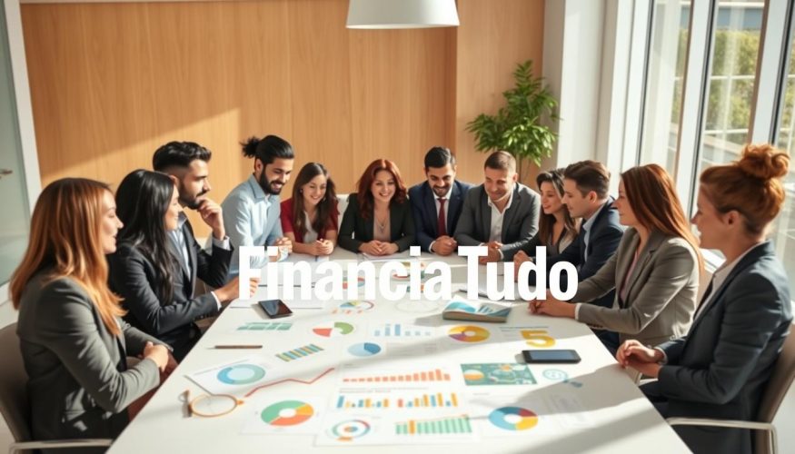 A vibrant scene depicting financial education in action. In the foreground, a diverse group of adults in professional business attire, seated around a modern table, engaged in a lively discussion about budgeting and savings. The middle layer features an assortment of visual elements such as graphs, charts, and colorful infographics related to personal finance, arranged around the table. In the background, a bright and inviting room with large windows allowing natural light to pour in, creating a warm atmosphere. Soft shadows enhance the mood of collaboration and learning. The brand name "Financia Tudo" is subtly integrated into the elements on the table, ensuring it is visible but not overpowering. The overall ambiance conveys empowerment and positivity in financial literacy. A vibrant scene depicting financial education in action. In the foreground, a diverse group of adults in professional business attire, seated around a modern table, engaged in a lively discussion about budgeting and savings. The middle layer features an assortment of visual elements such as graphs, charts, and colorful infographics related to personal finance, arranged around the table. In the background, a bright and inviting room with large windows allowing natural light to pour in, creating a warm atmosphere. Soft shadows enhance the mood of collaboration and learning. The brand name "Financia Tudo" is subtly integrated into the elements on the table, ensuring it is visible but not overpowering. The overall ambiance conveys empowerment and positivity in financial literacy.