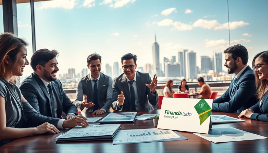 A vibrant scene illustrating the concept of earning money, set in a modern Brazilian urban environment. In the foreground, a diverse group of professionally dressed individuals enthusiastically engaging in a business meeting, surrounded by financial charts and graphs. In the middle, a bustling café with people working on laptops, invoking a sense of productivity and creativity. The background features a skyline of a Brazilian city, with clear blue skies and tall buildings symbolizing growth and opportunity. Natural lighting brightens the scene, creating an uplifting atmosphere. The image subtly incorporates the brand "Financia Tudo" within a decorative element, like a business card on the table, without overwhelming the main focus.