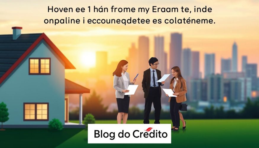 A visually appealing illustration showcasing the competitive advantages of using home equity as collateral for loans. In the foreground, a modern house is depicted, symbolizing stability and security, with subtle light reflecting off its windows. The middle layer features a diverse group of professionals in business attire, discussing and reviewing financial documents. They express a collaborative atmosphere of trust and confidence. In the background, soft-focus city skyline represents growth and opportunity, with a warm sunset casting a golden hue, enhancing the sense of financial potential. This image should convey a professional yet inviting mood, perfect for an article section discussing financial strategies. The branding "Blog do Crédito" subtly integrated into the composition.
