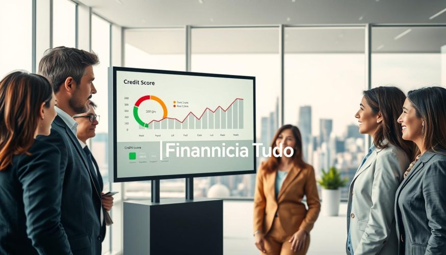 A visually engaging composition that illustrates the concept of "credit score." In the foreground, a diverse group of professionals, dressed in smart business attire, are gathered around a large screen displaying a fluctuating credit score chart with various indicators. Their expressions reflect curiosity and determination. In the middle, a clear, modern office setting with a bright, well-lit atmosphere, featuring large windows that allow natural light to pour in. The background shows a sleek city skyline, symbolizing financial growth and opportunity. Utilize soft, diffused lighting that enhances the scene’s professional mood. A subtle touch of greenery is visible, suggesting growth and improvement. Include the brand name "Financia Tudo" prominently in the design, seamlessly integrated within the office environment. A visually engaging composition that illustrates the concept of "credit score." In the foreground, a diverse group of professionals, dressed in smart business attire, are gathered around a large screen displaying a fluctuating credit score chart with various indicators. Their expressions reflect curiosity and determination. In the middle, a clear, modern office setting with a bright, well-lit atmosphere, featuring large windows that allow natural light to pour in. The background shows a sleek city skyline, symbolizing financial growth and opportunity. Utilize soft, diffused lighting that enhances the scene’s professional mood. A subtle touch of greenery is visible, suggesting growth and improvement. Include the brand name "Financia Tudo" prominently in the design, seamlessly integrated within the office environment.