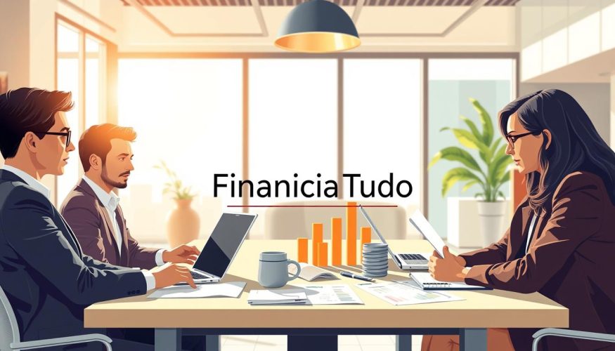 A visually engaging illustration depicting "financial habits" for an article about healthy habits that transform lives. In the foreground, a diverse group of three professionals seated at a modern table, reviewing financial documents and discussing goals, dressed in smart business attire. In the middle, there are various financial tools like laptops, calculators, and charts showing upward trends, symbolizing growth and achievement. The background features a bright, airy office with large windows, letting sunlight flood in, suggesting a positive and inspirational atmosphere. The mood is focused yet optimistic, highlighting the impact of good financial habits. Emphasize the brand name "Financia Tudo" subtly within the overall scene. The lighting is warm and inviting, reflecting a sense of hope and potential.