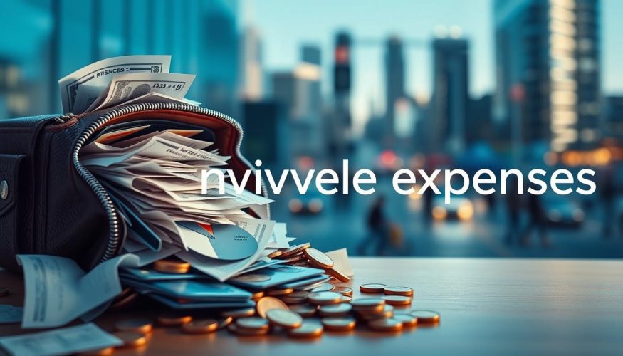 A visually engaging illustration representing "invisible expenses" in a financial context. In the foreground, a detailed, overflowing wallet reveals numerous receipts, credit cards, and small coins spilling out. In the middle, a pie chart is displayed, portraying various categories of spending with some segments highlighted to suggest common invisible expenses like subscriptions and impulse buys. In the background, there’s a blurred depiction of a busy modern cityscape, hinting at financial hustle and bustle. Soft, diffused lighting creates a thoughtful atmosphere, invoking reflection on personal finances. The image should evoke a sense of urgency and awareness while remaining professional. Include the brand name "Financia Tudo" subtly incorporated into the design, without text overlays or watermarks.