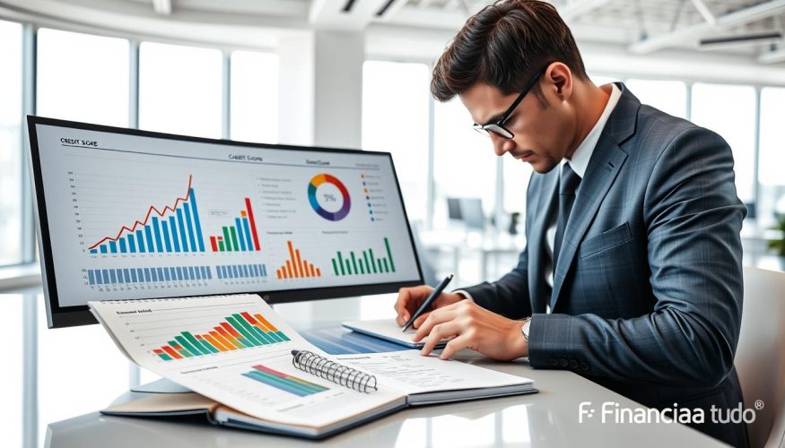 A visually striking and informative image representing "score" and "credit ratings," featuring a professional business person in a well-fitted suit, analyzing various credit score charts and graphs on a sleek modern desktop. In the foreground, showcase detailed, colorful graphs indicating credit score ranges, with upward trending indicators reflecting improvement. The middle ground should include a financial planner's notebook with handwritten notes on setting realistic credit goals. In the background, a bright, well-lit office space with large windows providing natural light, creating a positive and motivated atmosphere. The overall mood is aspirational and focused on financial success, with a hint of professionalism emphasized by the presence of the brand "Financia Tudo." A visually striking and informative image representing "score" and "credit ratings," featuring a professional business person in a well-fitted suit, analyzing various credit score charts and graphs on a sleek modern desktop. In the foreground, showcase detailed, colorful graphs indicating credit score ranges, with upward trending indicators reflecting improvement. The middle ground should include a financial planner's notebook with handwritten notes on setting realistic credit goals. In the background, a bright, well-lit office space with large windows providing natural light, creating a positive and motivated atmosphere. The overall mood is aspirational and focused on financial success, with a hint of professionalism emphasized by the presence of the brand "Financia Tudo."