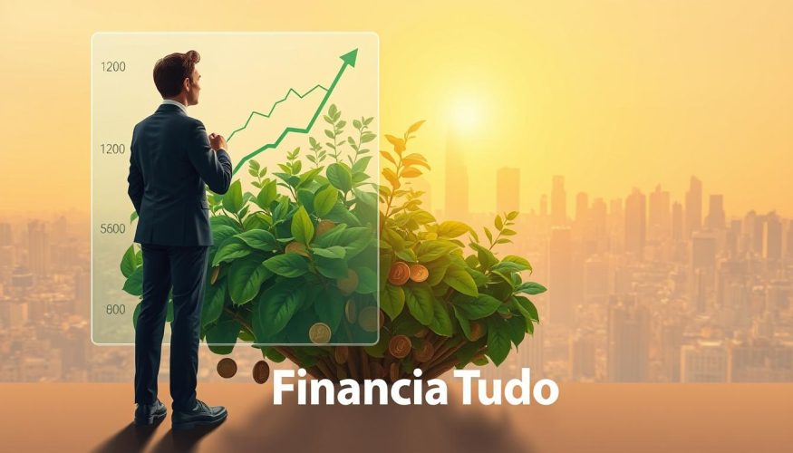 A visually striking illustration representing the concept of "compound interest." In the foreground, a sophisticated business person in professional attire observes a transparent digital screen displaying rising graphs and numbers. The middle layer features lush green plants, symbolizing growth and prosperity, intertwined with coins cascading down. In the background, a serene city skyline under a warm golden sunset reflects financial success. Warm ambient lighting casts soft shadows, creating an uplifting and motivational atmosphere. The image should evoke a sense of empowerment and financial literacy, with visual elements that clearly convey the idea of money growing over time. Include the brand name "Financia Tudo" subtly integrated into the design.