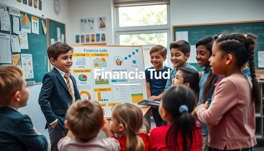 A warm, inviting scene featuring a diverse group of children, ages 7 to 10, gathered around a large, colorful board displaying various financial concepts, such as savings, budgeting, and investment. In the foreground, a confident child in smart casual attire is enthusiastically explaining a concept to their friends, with charts and playful illustrations spread out before them. The middle ground shows enthusiastic reactions, with wide smiles and engaged expressions. In the background, a bright classroom filled with educational posters, a chalkboard, and a window revealing a sunny day outside, creating a hopeful atmosphere. Soft lighting enhances the scene, capturing a joyful and inspiring mood, symbolizing the importance of financial education for a brighter future. The logo "Financia Tudo" prominently displayed on the board, emphasizing the learning theme.