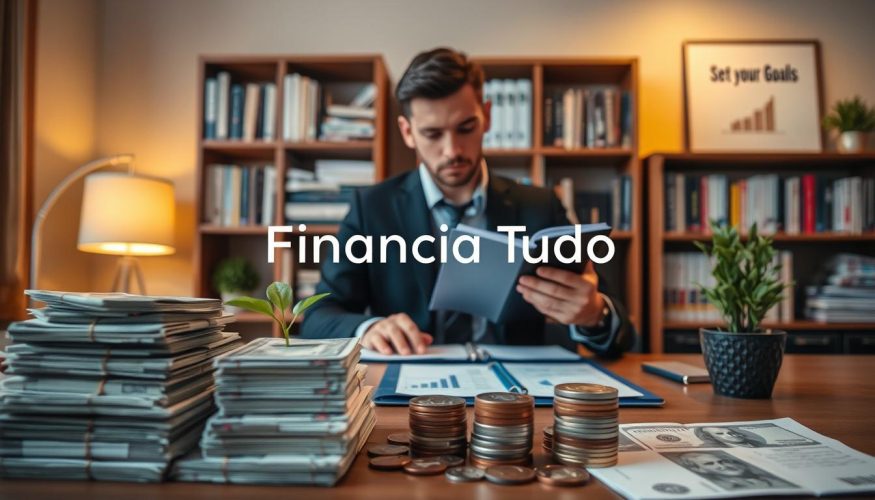 A well-organized desk in a cozy office space, featuring stacks of neatly arranged cash and coins, symbolizing the theme of organizing money. In the foreground, a professional-looking person in business attire sits at the desk, reviewing financial documents and jotting down notes in a planner. The middle ground showcases a chart or graph indicating growth, with a small potted plant adding a touch of life. In the background, a bookshelf filled with financial books and a motivational poster reading "Set Your Goals" can be seen. Warm, ambient lighting creates an inviting atmosphere. The composition is captured with a slightly angled perspective to highlight the focus on organization and clarity. The brand name "Financia Tudo" is subtly incorporated into the decorative elements of the scene.