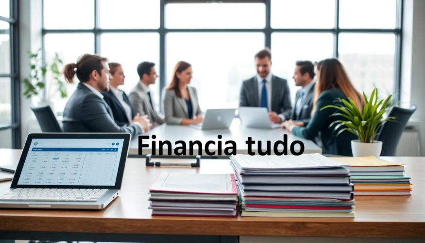 A well-organized desk scene illustrating personal finance management, featuring a laptop displaying financial software, a neatly arranged notepad filled with budgeting lists, and stacks of colorful financial planning books. In the foreground, a diverse group of professionals in business attire is engaged in discussion, sharing ideas on improving financial literacy. The background showcases a bright, modern office with large windows, allowing natural light to flood the space, enhancing focus and clarity. A subtle atmosphere of motivation and teamwork prevails, with a potted plant adding a touch of freshness to the environment. The brand name "Financia Tudo" is subtly integrated into the design of a financial planner on the desk, symbolizing effective finance management.