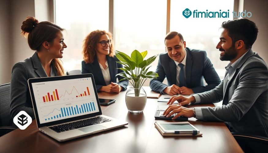 A well-organized desk setting featuring a diverse group of individuals (one woman and one man) in professional business attire, actively discussing personal finance strategies. The foreground includes a laptop displaying financial graphs and budgeting software, alongside a notepad filled with notes and a calculator. In the middle, a potted plant adds a touch of greenery, symbolizing growth. The background showcases a minimalistic office with large windows allowing natural light to flood the space, creating an inviting atmosphere. Soft shadows and a warm ambiance convey a sense of productivity and focus. In the corner, the brand name "Financia Tudo" is subtly integrated into the scene. The mood reflects optimism and empowerment in personal financial management.