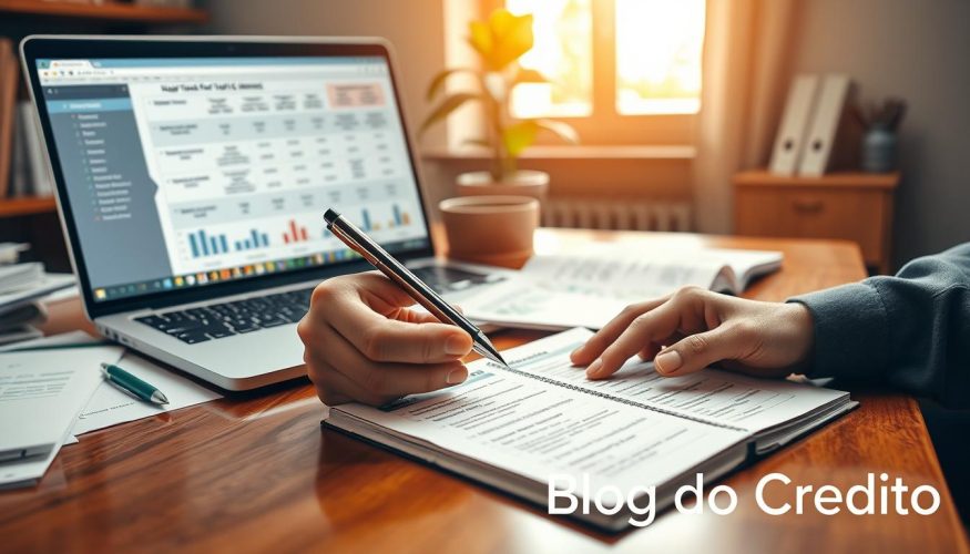 A well-organized financial workspace, featuring a polished wooden desk cluttered with documents, financial charts, and a laptop displaying a budgeting spreadsheet. In the foreground, include a pair of hands holding a pen, poised over a notebook filled with notes and diagrams about budgeting and expenses. The middle section showcases a large, colorful wall chart outlining the steps for financial assessment, while a soft-focus of a potted plant adds a touch of greenery. The background contains a warm, inviting window allowing soft natural light to illuminate the scene. The mood is focused and motivating, inspiring viewers to take charge of their financial health. The image's branding subtly features "Blog do Crédito" in a refined style, emphasizing professionalism without distracting from the main elements.