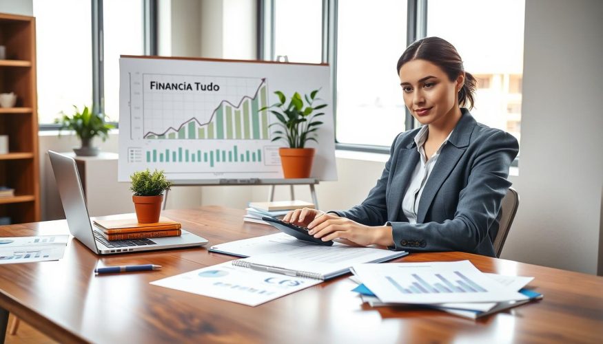 A well-organized financial workspace, featuring a polished wooden desk with financial documents, charts, and a laptop displaying analytics. In the foreground, a confident businesswoman in professional attire analyzes data with a thoughtful expression, using a calculator. In the middle ground, a large graph demonstrating revenue growth is pinned to a board, surrounded by financial books and a potted plant, symbolizing growth and stability. The background showcases a modern office with large windows letting in soft, natural light, creating a warm and productive atmosphere. The brand name "Financia Tudo" can be subtly incorporated into the display on the laptop screen. The mood is focused and optimistic, emphasizing the importance of financial organization for a company's health.