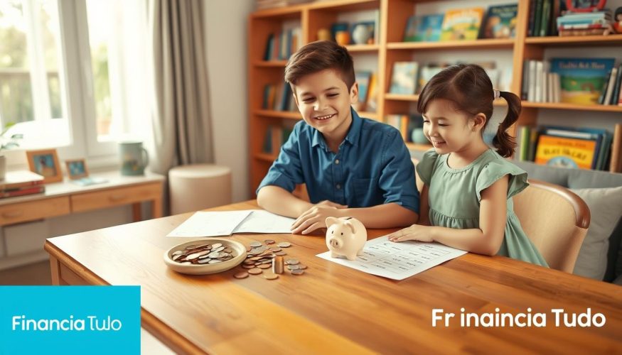 A young boy and girl, around 10 years old, sit at a wooden table in a cozy, well-lit family room, engaged in a discussion about money management. The boy wears a smart blue shirt and the girl has on a light green dress, both dressed modestly. On the table are colorful coins, a piggy bank, and worksheets filled with simple math related to budgeting. In the background, a bookshelf filled with finance-related children's books highlights the importance of financial literacy. Warm, natural light filters through a window, creating an inviting atmosphere. The mood is uplifting and educational, emphasizing the joy of learning about finances early on. A subtle logo of "Financia Tudo" appears on the side of the table, blending seamlessly into the scene.