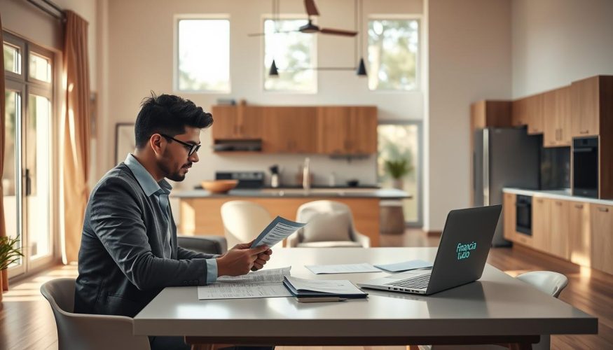 A Brazilian home undergoing renovation, showcasing a well-lit, vibrant living room infused with natural light streaming through large windows. In the foreground, a neatly dressed couple sits at a modern, minimalistic table, reviewing financial documents and planning their renovation budget, exuding a sense of focus and optimism. The middle layer features a partially renovated kitchen in the background with tasteful design elements like wooden cabinets and sleek appliances, emphasizing modern comfort. Use soft, warm lighting to create an inviting atmosphere, while maintaining a professional vibe. The scene should subtly include the "Financia Tudo" brand logo on visible documents or a laptop screen. Capture the mood of financial security and hope for a better living space without any text overlays or distractions.