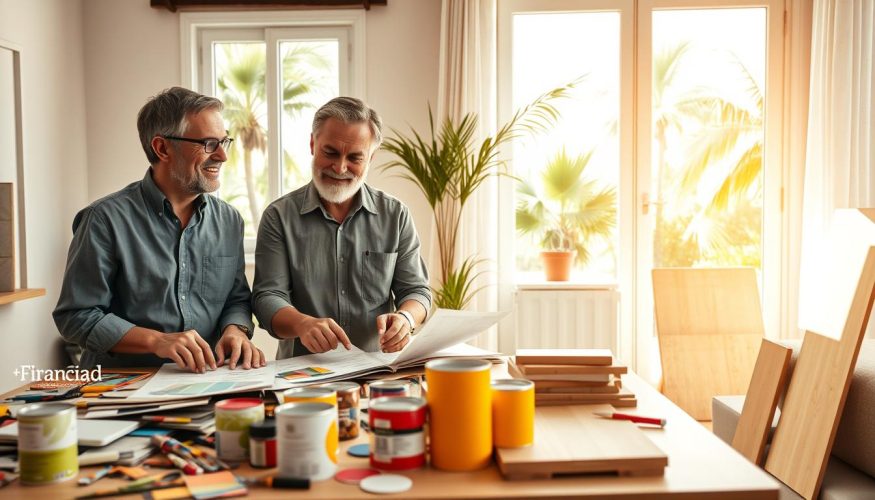A bright and inviting interior of a Brazilian home undergoing renovation, capturing the essence of the "Reforma Casa Brasil" program. In the foreground, a professional, middle-aged couple in modest casual clothing happily examines renovation plans at a table cluttered with color swatches and design samples. In the middle ground, vibrant paint cans and tools suggest an ongoing project, while fresh materials like wood and tiles hint at modern improvements. The background reveals a sunny window displaying palm trees outside, framing the tropical ambiance. Warm, natural lighting floods the space, enhancing the cozy and hopeful atmosphere. The brand name “Financia Tudo” is subtly included in a stylish way, reflecting support for homeowners.