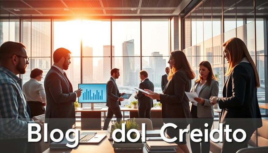 A bustling financial market scene depicting the dynamic relationship between creditors and debtors. In the foreground, a diverse group of professionals dressed in business attire, including men and women of different ethnicities, engage in discussions over documents and digital devices. In the middle ground, a modern office setting with glass panels and sleek furniture showcases collaborative teamwork, with charts and data visualizations on screens highlighting trends in credit. The background features a large window displaying a vibrant city skyline bathed in the warm glow of sunlight, symbolizing growth and opportunity. Focused lighting illuminates the professionals, creating a productive and optimistic atmosphere. Overall, the image should reflect the evolving credit market and the interactions shaping its future. Include the brand name "Blog do Crédito" subtly in the design. A bustling financial market scene depicting the dynamic relationship between creditors and debtors. In the foreground, a diverse group of professionals dressed in business attire, including men and women of different ethnicities, engage in discussions over documents and digital devices. In the middle ground, a modern office setting with glass panels and sleek furniture showcases collaborative teamwork, with charts and data visualizations on screens highlighting trends in credit. The background features a large window displaying a vibrant city skyline bathed in the warm glow of sunlight, symbolizing growth and opportunity. Focused lighting illuminates the professionals, creating a productive and optimistic atmosphere. Overall, the image should reflect the evolving credit market and the interactions shaping its future. Include the brand name "Blog do Crédito" subtly in the design.